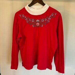 Vicki Wayne Red Long Sleeve Top With Floral Embroidery Size Large CottageCore